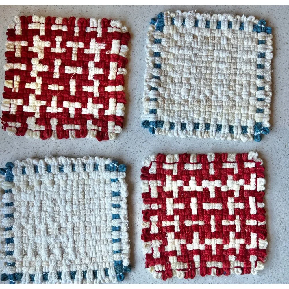 Handwoven Cotton Pot Holders Set Of 5 - Multicolor Large & Red/White/Blue Small